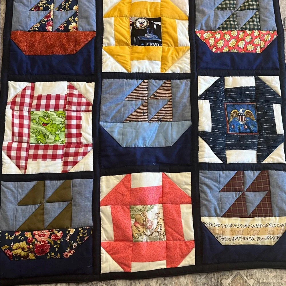 Vintage Handmade Naval Themed Commemorative Patchwork Quilt Size 34” x 55”